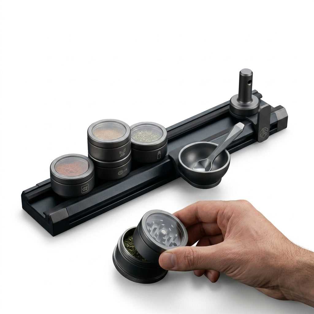NGjkdue™ Modular Spice Rack and Herb Grinder Station | Magnetic Kitchen Rail Organizer with Airtight Seasoning Jars, Prep Bowl, and Precision Metal Grinder | Space-Saving Matte Black Countertop Culinary Ecosystem