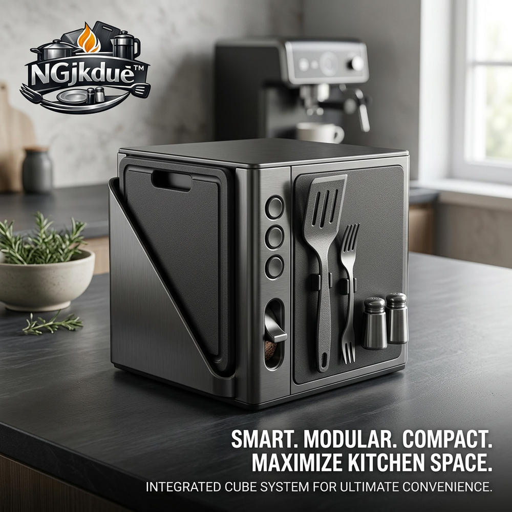 NGjkdue™ Smart Modular Kitchen Organizer Cube - Multi-Functional Space-Saving Countertop Storage Rack with Integrated Cutting Board Holder, Magnetic Utensil Caddy, and Salt & Pepper Shakers - Modern Minimalist Culinary Dock