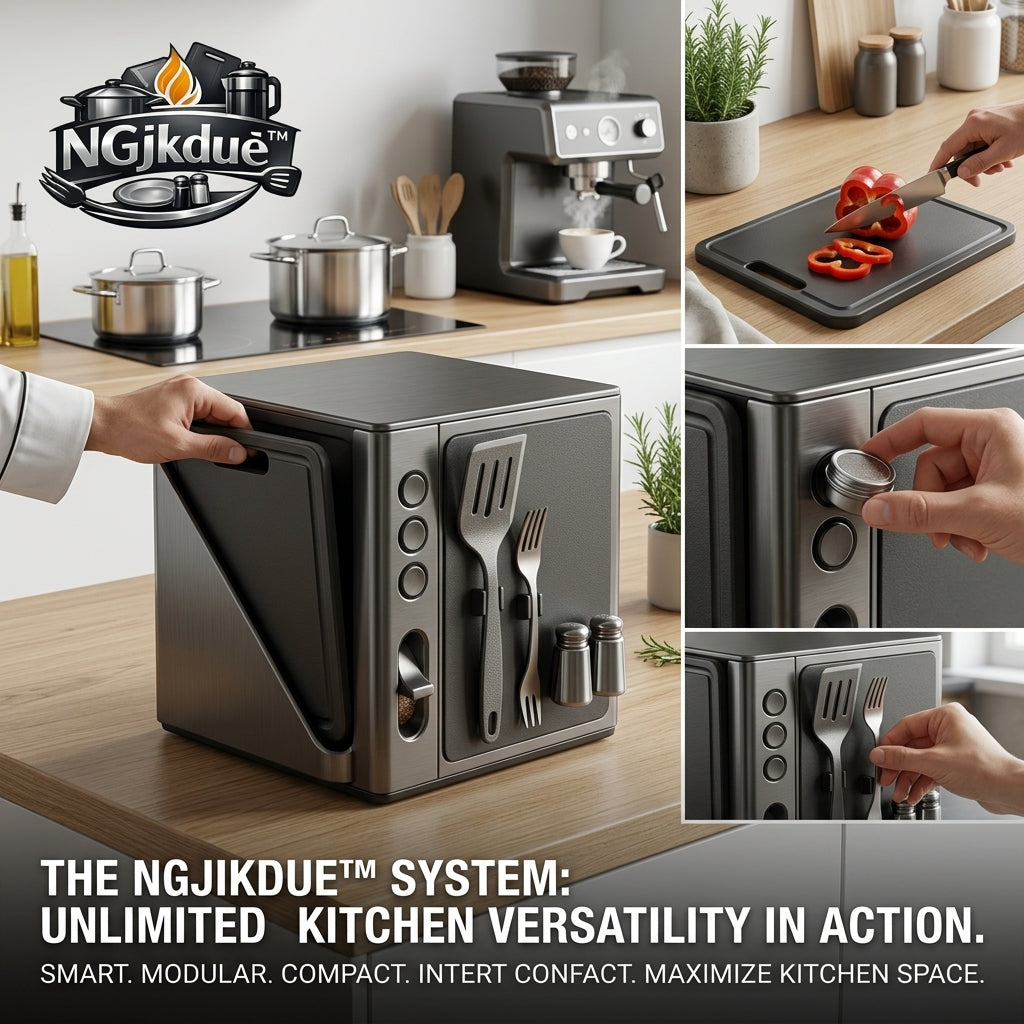 NGjkdue™ Smart Modular Kitchen Organizer Cube - Multi-Functional Space-Saving Countertop Storage Rack with Integrated Cutting Board Holder, Magnetic Utensil Caddy, and Salt & Pepper Shakers - Modern Minimalist Culinary Dock