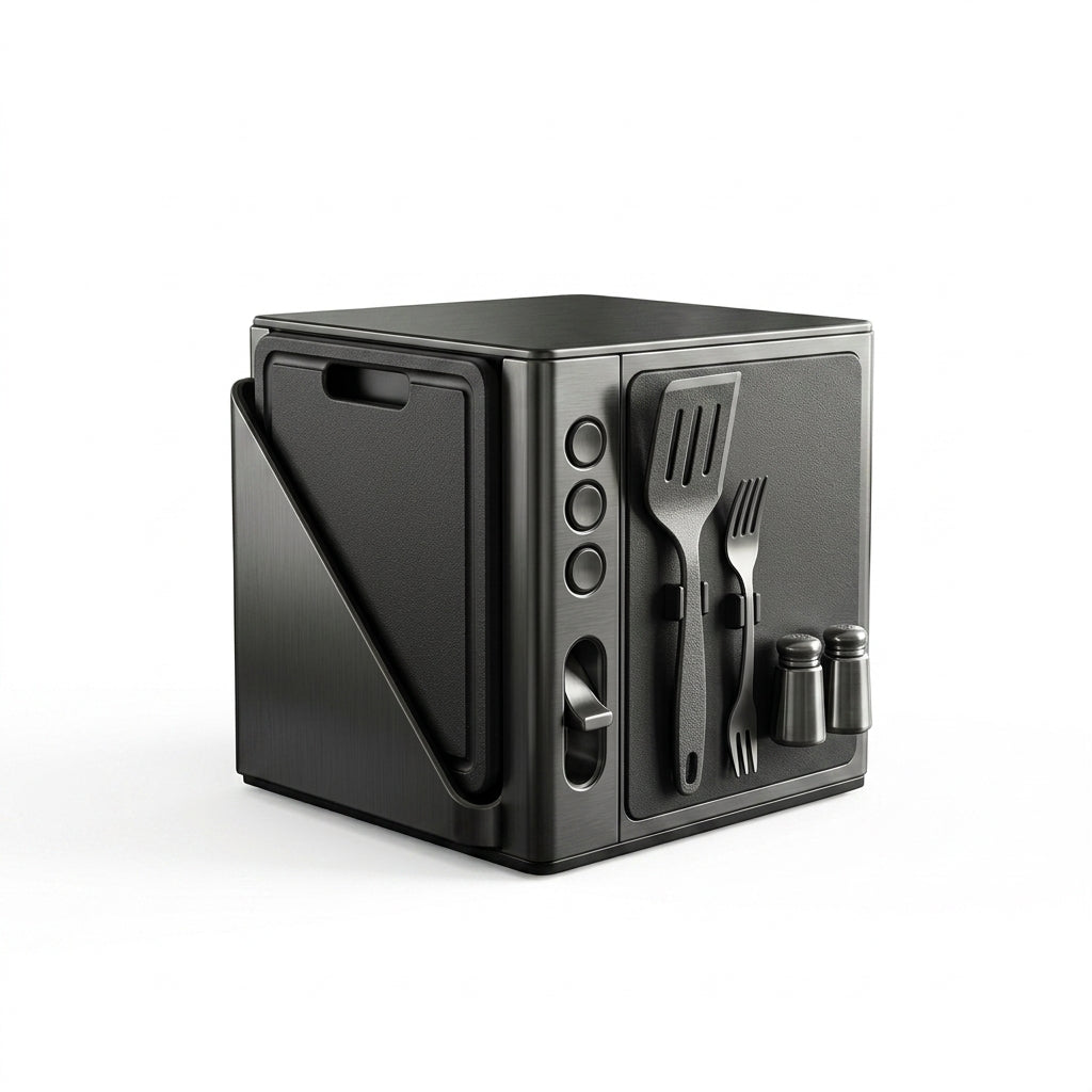 NGjkdue™ Smart Modular Kitchen Organizer Cube - Multi-Functional Space-Saving Countertop Storage Rack with Integrated Cutting Board Holder, Magnetic Utensil Caddy, and Salt & Pepper Shakers - Modern Minimalist Culinary Dock
