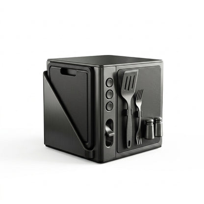 NGjkdue™ Smart Modular Kitchen Organizer Cube - Multi-Functional Space-Saving Countertop Storage Rack with Integrated Cutting Board Holder, Magnetic Utensil Caddy, and Salt & Pepper Shakers - Modern Minimalist Culinary Dock