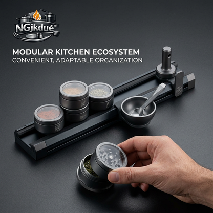 NGjkdue™ Modular Spice Rack and Herb Grinder Station | Magnetic Kitchen Rail Organizer with Airtight Seasoning Jars, Prep Bowl, and Precision Metal Grinder | Space-Saving Matte Black Countertop Culinary Ecosystem