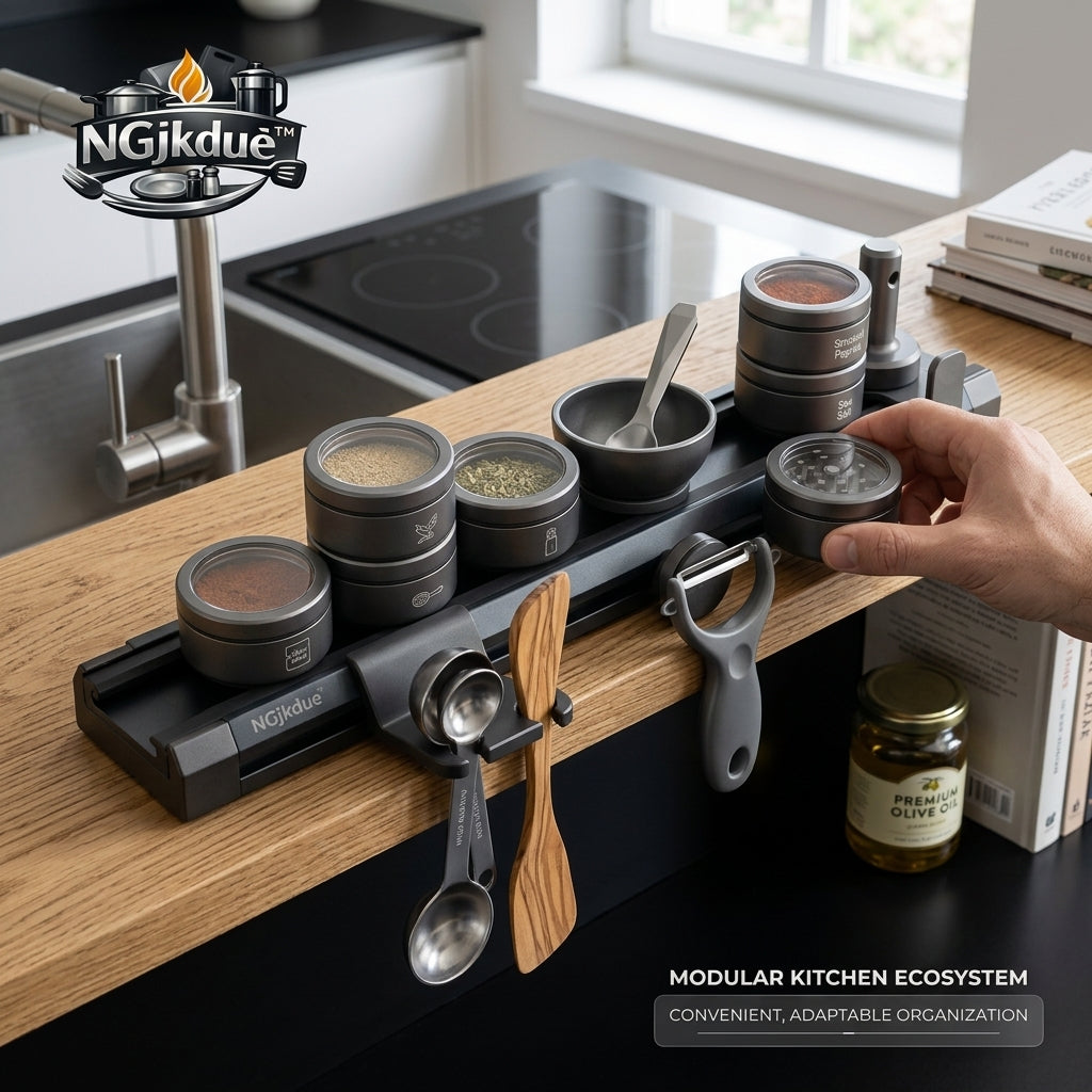 NGjkdue™ Modular Spice Rack and Herb Grinder Station | Magnetic Kitchen Rail Organizer with Airtight Seasoning Jars, Prep Bowl, and Precision Metal Grinder | Space-Saving Matte Black Countertop Culinary Ecosystem
