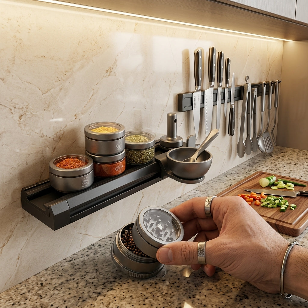 NGjkdue™ Modular Spice Rack and Herb Grinder Station | Magnetic Kitchen Rail Organizer with Airtight Seasoning Jars, Prep Bowl, and Precision Metal Grinder | Space-Saving Matte Black Countertop Culinary Ecosystem