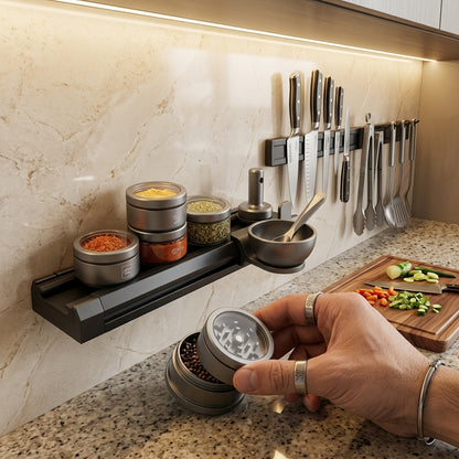 NGjkdue™ Modular Spice Rack and Herb Grinder Station | Magnetic Kitchen Rail Organizer with Airtight Seasoning Jars, Prep Bowl, and Precision Metal Grinder | Space-Saving Matte Black Countertop Culinary Ecosystem