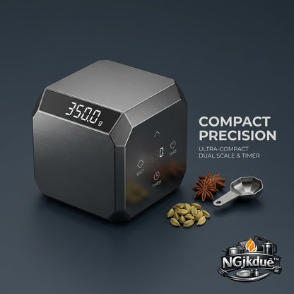 NGjkdue™ Ultra-Compact Dual Kitchen Scale & Digital Timer | High-Precision Food Scale for Espresso, Baking, Spices & Herbs | Space-Saving Cube Design with Tare, Unit Switch & Brushed Metallic Finish