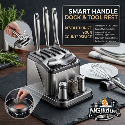 NGjkdue™ Smart Kitchen Utensil Holder and Countertop Organizer | All-in-One Stainless Steel Tool Rest & Dock with Salt and Pepper Shakers, Heat-Resistant Silicone Hot Handle Grips | Space-Saving Kitchen Counter Storage