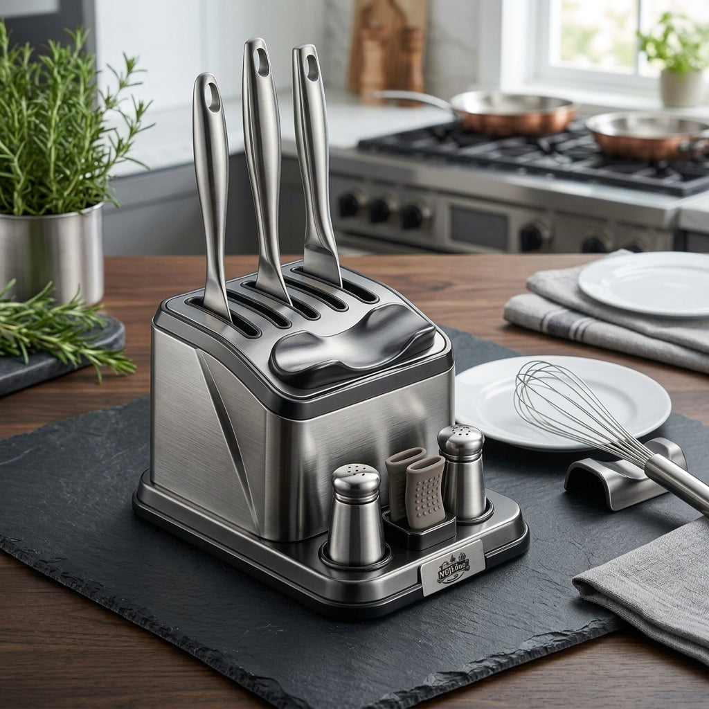 NGjkdue™ Smart Kitchen Utensil Holder and Countertop Organizer | All-in-One Stainless Steel Tool Rest & Dock with Salt and Pepper Shakers, Heat-Resistant Silicone Hot Handle Grips | Space-Saving Kitchen Counter Storage