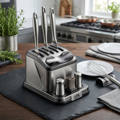 NGjkdue™ Smart Kitchen Utensil Holder and Countertop Organizer | All-in-One Stainless Steel Tool Rest & Dock with Salt and Pepper Shakers, Heat-Resistant Silicone Hot Handle Grips | Space-Saving Kitchen Counter Storage