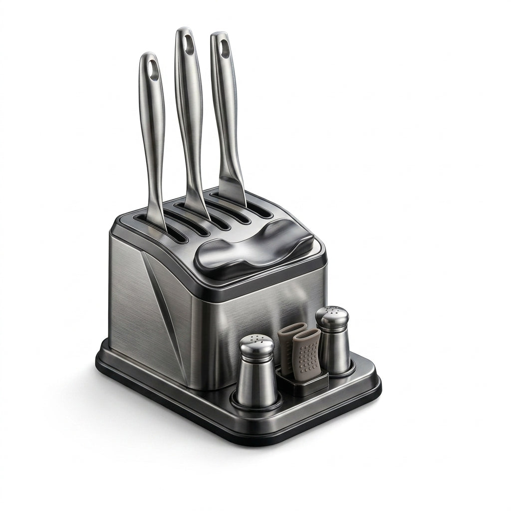 NGjkdue™ Smart Kitchen Utensil Holder and Countertop Organizer | All-in-One Stainless Steel Tool Rest & Dock with Salt and Pepper Shakers, Heat-Resistant Silicone Hot Handle Grips | Space-Saving Kitchen Counter Storage
