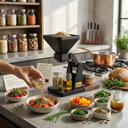 NGjkdue™ Precision Gravity-Feed Food Prep Station - One-Handed Spice & Dry Food Dispenser with Glass Jars, Portion Control Kitchen Counter Organizer for Seasonings, Grains, and Oils