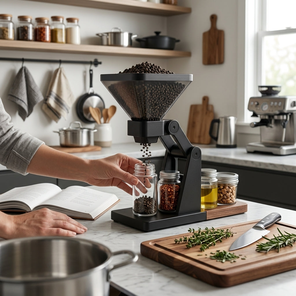 NGjkdue™ Precision Gravity-Feed Food Prep Station - One-Handed Spice & Dry Food Dispenser with Glass Jars, Portion Control Kitchen Counter Organizer for Seasonings, Grains, and Oils