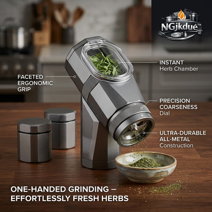 NGjkdue™ One-Handed Herb Grinder & Spice Mill Set - Electric Automatic Kitchen Grinder with Precision Coarseness Dial, Ultra-Durable All-Metal Body, Clear-View Chamber, and 2 Matching Airtight Storage Jars