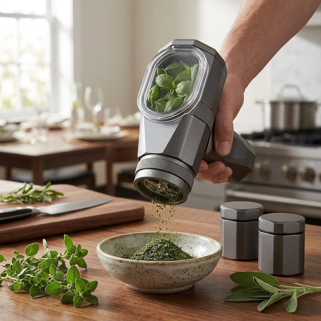 NGjkdue™ One-Handed Herb Grinder & Spice Mill Set - Electric Automatic Kitchen Grinder with Precision Coarseness Dial, Ultra-Durable All-Metal Body, Clear-View Chamber, and 2 Matching Airtight Storage Jars
