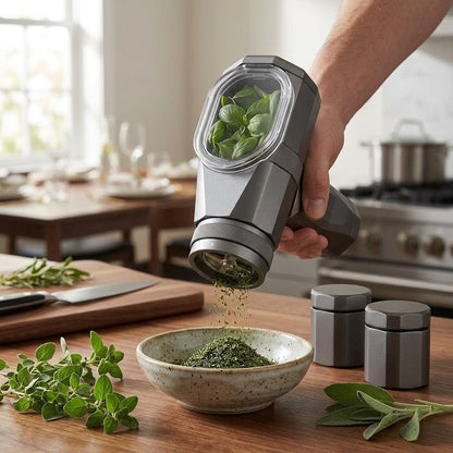 NGjkdue™ One-Handed Herb Grinder & Spice Mill Set - Electric Automatic Kitchen Grinder with Precision Coarseness Dial, Ultra-Durable All-Metal Body, Clear-View Chamber, and 2 Matching Airtight Storage Jars
