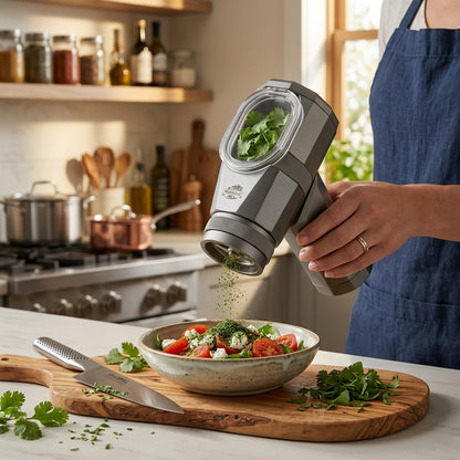NGjkdue™ One-Handed Herb Grinder & Spice Mill Set - Electric Automatic Kitchen Grinder with Precision Coarseness Dial, Ultra-Durable All-Metal Body, Clear-View Chamber, and 2 Matching Airtight Storage Jars
