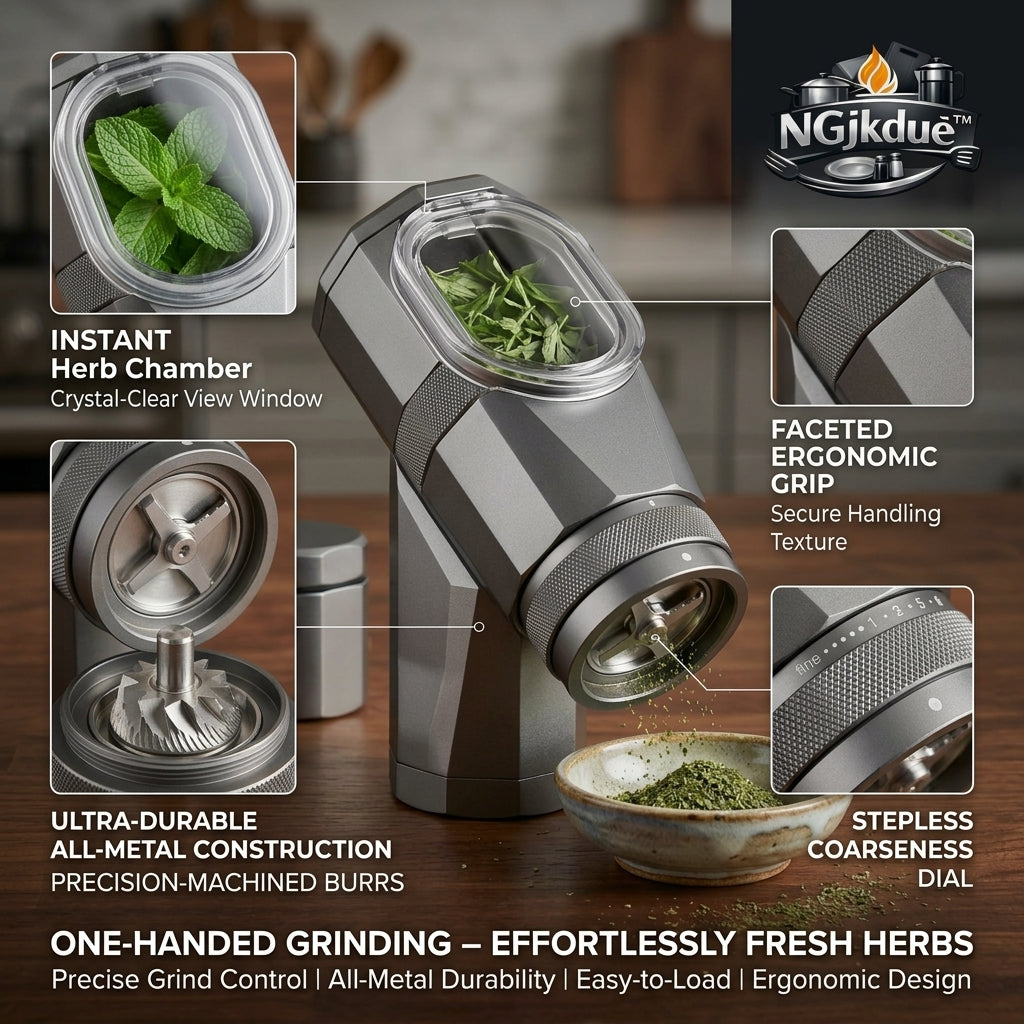 NGjkdue™ One-Handed Herb Grinder & Spice Mill Set - Electric Automatic Kitchen Grinder with Precision Coarseness Dial, Ultra-Durable All-Metal Body, Clear-View Chamber, and 2 Matching Airtight Storage Jars