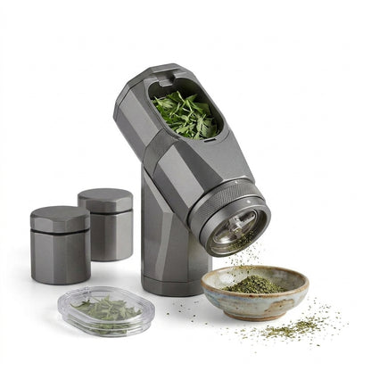 NGjkdue™ One-Handed Herb Grinder & Spice Mill Set - Electric Automatic Kitchen Grinder with Precision Coarseness Dial, Ultra-Durable All-Metal Body, Clear-View Chamber, and 2 Matching Airtight Storage Jars
