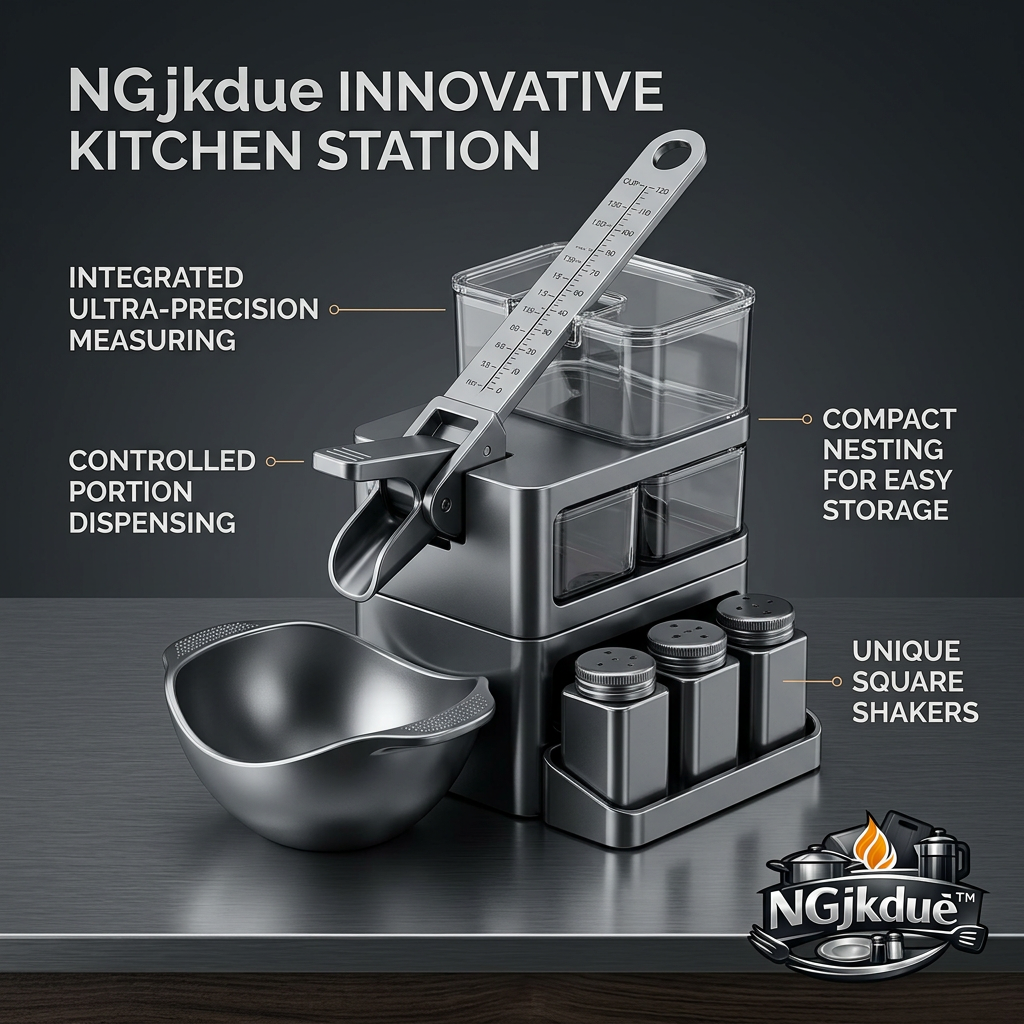 NGjkdue™ 4-in-1 Innovative Kitchen Station – Modular Dry Food Dispenser with Precision Measuring Lever, Stackable Storage Drawers, 3-Piece Square Spice Shakers & Prep Bowl – Compact Countertop Organization Set