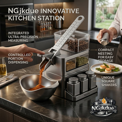 NGjkdue™ 4-in-1 Innovative Kitchen Station – Modular Dry Food Dispenser with Precision Measuring Lever, Stackable Storage Drawers, 3-Piece Square Spice Shakers & Prep Bowl – Compact Countertop Organization Set