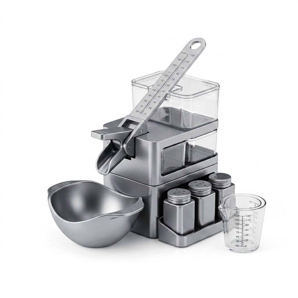 NGjkdue™ 4-in-1 Innovative Kitchen Station – Modular Dry Food Dispenser with Precision Measuring Lever, Stackable Storage Drawers, 3-Piece Square Spice Shakers & Prep Bowl – Compact Countertop Organization Set