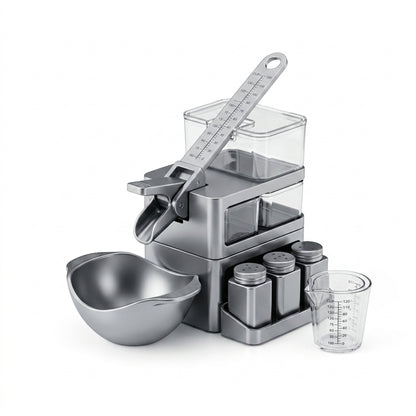 NGjkdue™ 4-in-1 Innovative Kitchen Station – Modular Dry Food Dispenser with Precision Measuring Lever, Stackable Storage Drawers, 3-Piece Square Spice Shakers & Prep Bowl – Compact Countertop Organization Set
